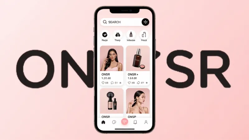 一张展示ONSR美妆助手App核心界面的详细生图，主体是一部智能手机，屏幕上显示ONSR应用的主页，布局上方是搜索框和分类图标，中间是美妆产品卡片列表，底部是导航栏，排版简洁清晰，风格现代扁平化，细节圆润，画质干净无多余元素，背景为柔和的浅粉色渐变，画面中带有ONSR文字标识