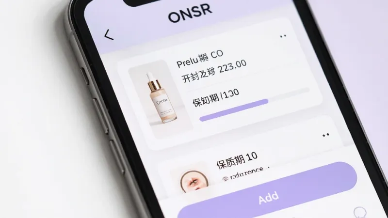 一张展示ONSR美妆记录功能的生图，主体是手机屏幕特写，画面中显示美妆产品列表和保质期提醒，布局为上方标题栏写着ONSR，中间是产品卡片带有开封日期和进度条，下方是添加按钮，风格清新简约，细节清晰，画质干净，背景为白色和淡紫色搭配