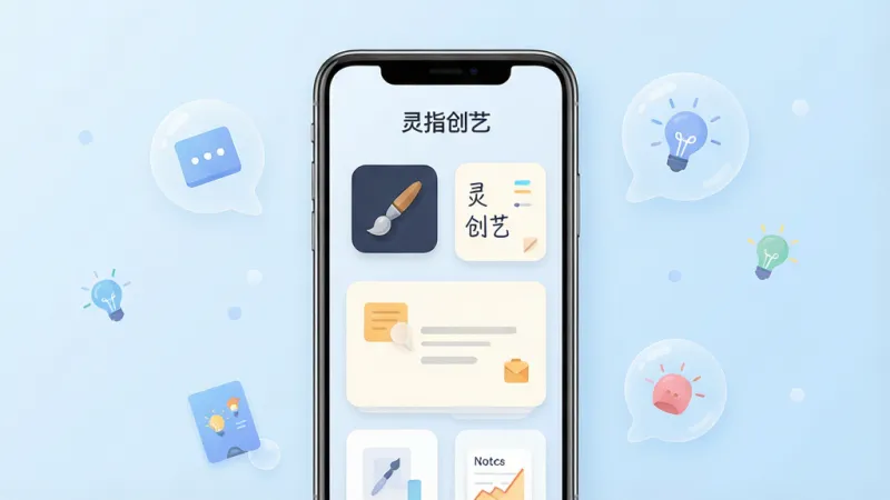 一张展示“灵指创艺”手机应用主界面的图片，画面中央是一部现代智能手机，屏幕显示简洁的创意工具界面，包含画笔图标和灵感笔记卡片，背景是柔和的淡蓝色渐变，周围漂浮着几个半透明的创意气泡，整体布局清晰，风格现代扁平，画质干净无多余元素
