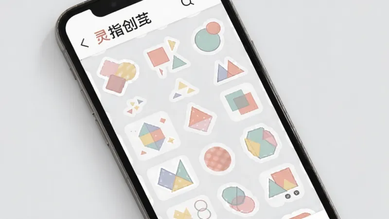 一张“灵指创艺”素材库界面的展示图，手机屏幕显示各种手账贴纸和几何图形素材，以网格形式整齐排列，背景是浅灰色，素材色彩鲜艳但柔和，整体风格可爱且不杂乱，画质干净