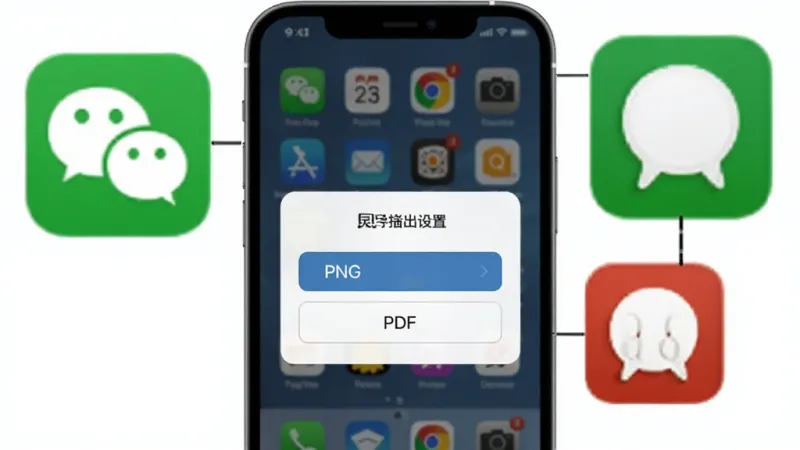 一张“灵指创艺”导出分享功能的示意图，画面中手机屏幕显示导出设置弹窗，包含PNG和PDF选项，背景是手机桌面，旁边有微信和QQ的图标漂浮，风格简洁直观，画质清晰，无多余元素