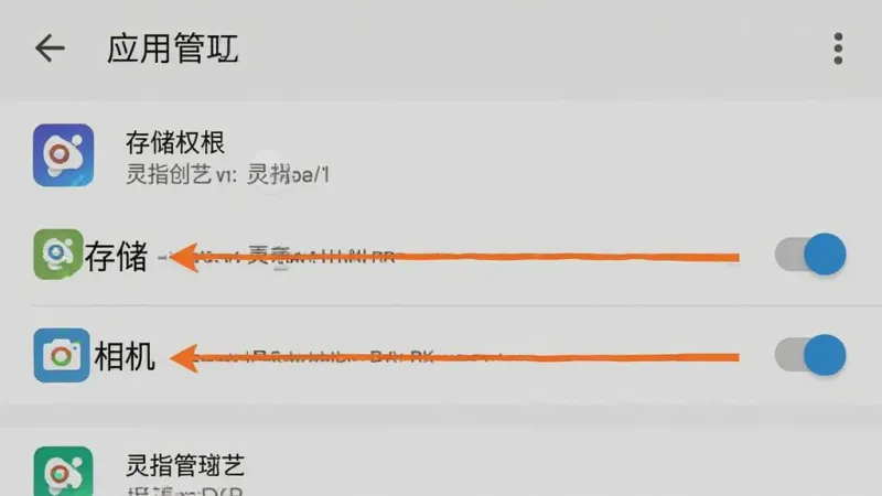 一张安卓手机设置界面的截图，展示应用管理页面中“灵指创艺”的存储权限设置选项，界面清晰，标注出“存储”和“相机”权限开关，风格简洁实用，画质干净