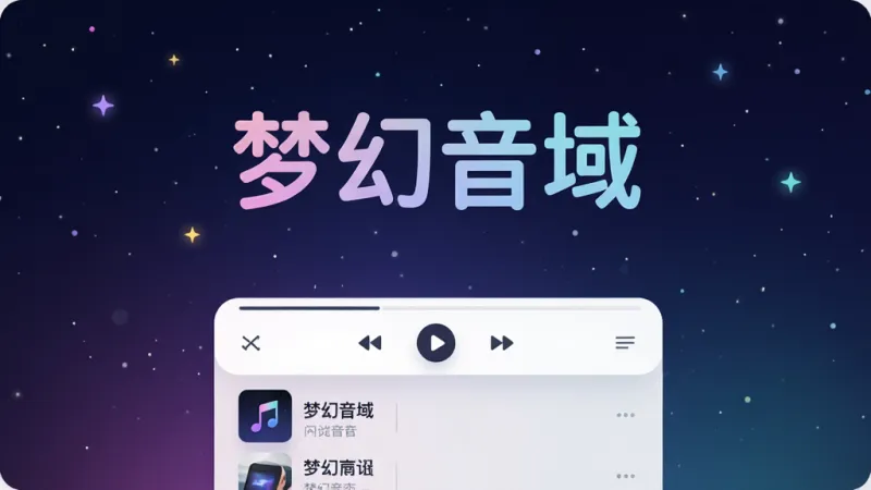 一张展示音乐播放器主界面的图片，画面中央是“梦幻音域”四个字的软件LOGO，下方是简洁的播放控制栏和歌曲列表，背景是深色渐变星空风格，整体排版干净，风格现代扁平，细节圆润，画质清晰无多余元素