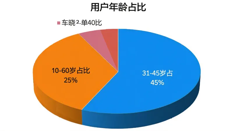 一张车晓工单2用户年龄分布饼状图，图表标题为“用户年龄占比”，显示18-30岁占比25%，31-45岁占比45%，46-60岁占比30%，饼图颜色鲜明，标签清晰，背景为纯白色，风格简洁商务，画质干净，无多余元素。