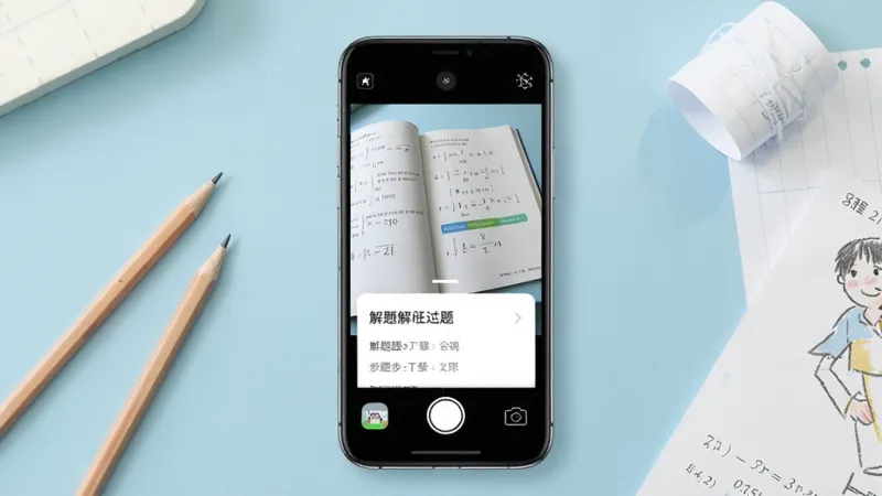一张展示拍拍搜题App核心界面的手机样机图，画面中央是手机屏幕，屏幕上显示相机取景框对准一本数学练习册，取景框下方弹出解题步骤卡片，手机旁边散落着铅笔和草稿纸，背景是浅蓝色书桌桌面，风格简洁清新，画质干净，无多余元素。