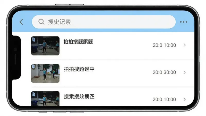 一张展示拍拍搜题App历史记录页面的手机截图风格图，画面中手机屏幕显示按时间排列的搜题记录列表，每条记录左边是题目缩略图，右边是搜题时间，顶部有搜索框，界面以白色和淡蓝色为主，布局清晰，风格现代扁平，画质干净，无多余元素。