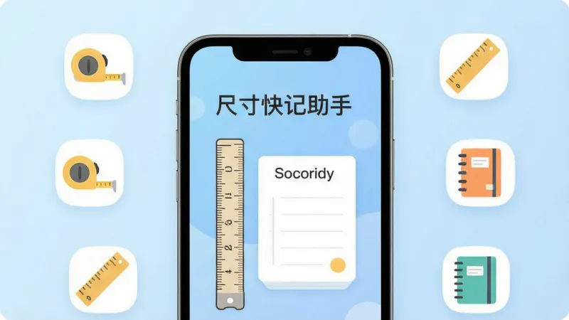 一张手机屏幕展示尺寸快记助手App的主界面，画面中央是简洁的测量尺和记录卡片，周围环绕着卷尺、直尺、笔记本等小图标，背景是柔和的浅蓝色渐变，风格清新扁平化，细节干净无多余元素，画质清晰明亮，整体突出「尺寸快记助手」的文字标识