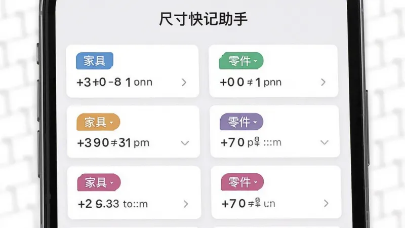 尺寸快记助手App的记录列表界面，屏幕上显示着多条带标签的尺寸记录卡片，标签颜色各异，有「家具」「布料」「零件」等分类，布局整齐清晰，风格现代扁平化，画质干净无多余元素，顶部有「尺寸快记助手」字样