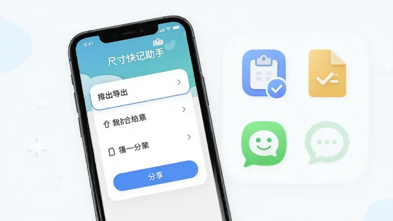 尺寸快记助手App的数据导出界面，手机屏幕上显示着导出选项和分享按钮，旁边有剪贴板、文档、聊天软件等图标示意，背景简洁，风格清新，画质干净无多余元素，画面中带有「尺寸快记助手」文字