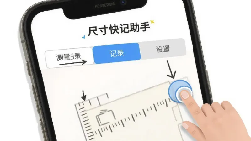 尺寸快记助手App的操作指引界面，手机屏幕上显示着测量、记录、设置三个选项卡的示意图，旁边有手指点击的图标和箭头标注，风格简洁明了，画质干净无多余元素，画面中包含「尺寸快记助手」文字