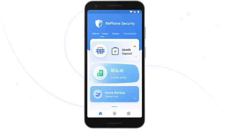 RePhone Security 手机安全防护App主界面展示，画面中央是一部安卓手机，屏幕显示蓝白色调的安全检测仪表盘，顶部有盾牌图标和'RePhone Security'字样，中间是病毒扫描、隐私检测、网络防护三个功能卡片，底部为干净的状态栏，整体布局简洁现代，扁平化设计风格，细节圆润，画质干净无多余元素
