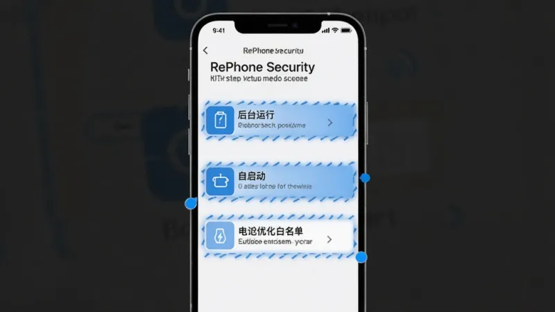 RePhone Security 权限设置引导页面，手机屏幕显示权限开启步骤示意图，包含后台运行、自启动、电池优化白名单三个关键设置项，界面以蓝色高亮标注重点操作区域，整体风格简洁直观，无多余装饰