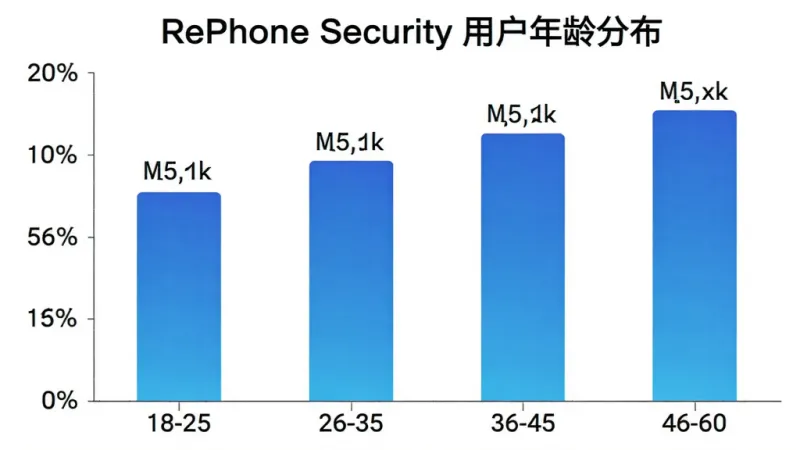 RePhone Security 用户年龄分布柱状图，画面展示一个清晰的柱状图表，横轴为年龄段18-25、26-35、36-45、46-60，纵轴为用户占比百分比，柱体颜色为渐变蓝色，图表上方有'RePhone Security 用户年龄分布'标题，背景干净白色，数据标签清晰可见
