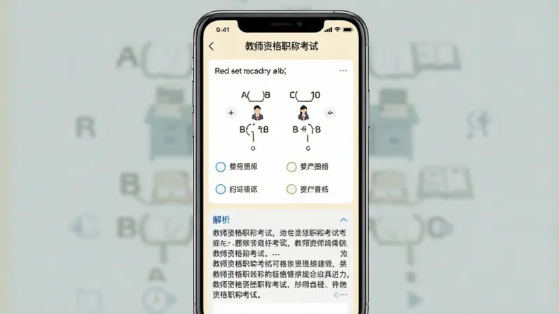 教师资格职称考试App题库练习界面，手机屏幕中显示一道选择题和四个选项，下方有详细解析区域，顶部标注“教师资格职称考试”字样，背景为浅色护眼模式，布局清晰，风格简洁，画质干净无多余元素