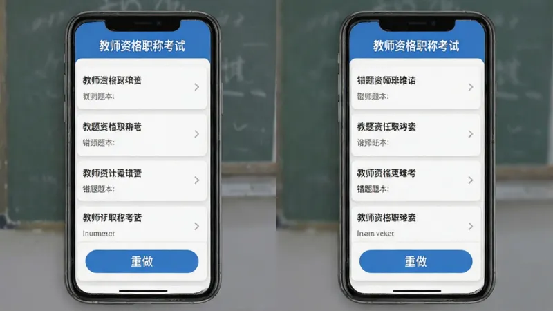 教师资格职称考试App错题本界面，手机屏幕显示错题列表和重做按钮，顶部有“教师资格职称考试”标识，背景为白色卡片式设计，布局整齐，风格干净，画质清晰无多余元素