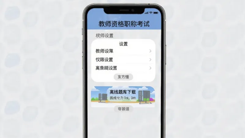 教师资格职称考试App安装设置界面，手机屏幕显示权限设置和离线题库下载选项，顶部有“教师资格职称考试”文字标识，背景为浅灰色，布局清晰，风格简洁，画质干净无多余元素