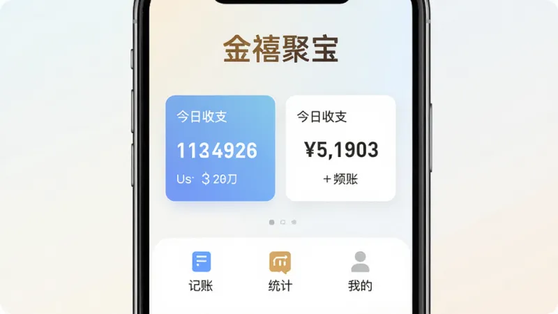 一张手机屏幕展示界面，画面中央是金禧聚宝app的主页，顶部有“金禧聚宝”四个字的logo，中间显示今日收支卡片和数字，下方排列着记账、统计、我的三个图标按钮，背景是简约的浅色渐变，整体风格清新现代，画质干净无多余元素