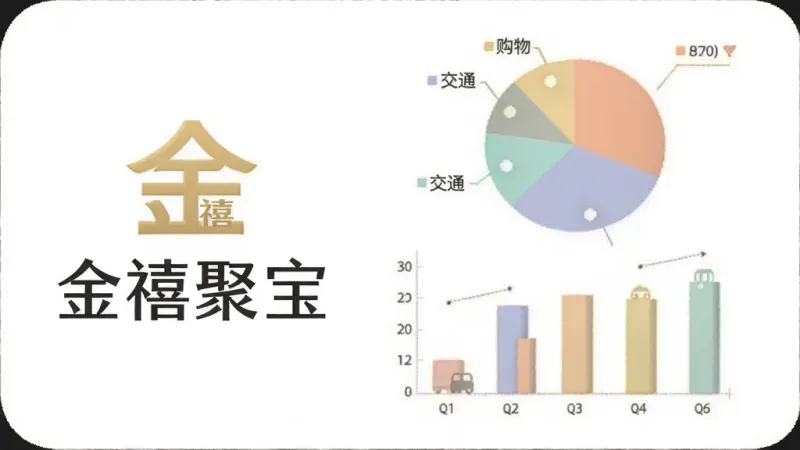 一张信息图表风格的画面，画面左侧是金禧聚宝的logo和“金禧聚宝”文字，右侧展示饼状图和柱状图，图表中标注餐饮、交通、购物等分类，背景是干净的白色，配色柔和，整体呈现数据可视化的现代感，画质清晰无杂乱元素