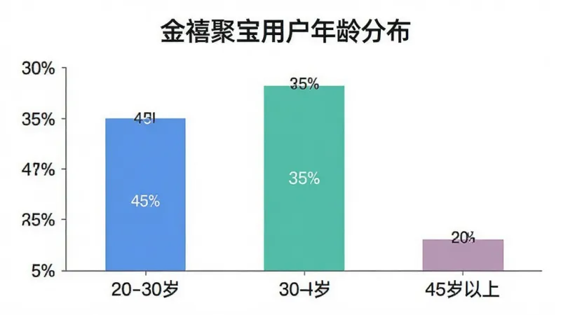 一张柱状图，横轴标注年龄区间20-30岁、30-45岁、45岁以上，纵轴标注百分比，柱子高度分别对应45%、35%、20%，图表上方有“金禧聚宝用户年龄分布”字样，背景白色，配色清爽，画质干净无多余元素