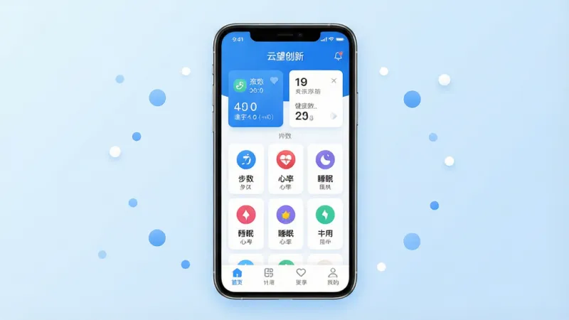 一张简洁现代的手机应用界面展示图，画面中央是一部智能手机，屏幕上显示着“云望创新”App的主界面，界面以蓝白配色为主，顶部有健康数据概览卡片，中间是步数、心率、睡眠等图标排列整齐，底部导航栏清晰，背景是柔和的渐变浅蓝色，周围有轻盈的圆点装饰，整体风格干净清爽，画质高清，无多余元素