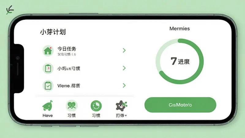 小芽计划 手机屏幕展示 习惯打卡应用界面 绿色清新色调 首页显示今日任务列表和进度环 底部有习惯图标和打卡按钮 简约扁平风格 画面干净整洁 无多余元素 高清画质