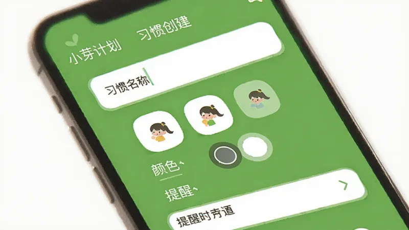 小芽计划 习惯创建界面 用户正在设置自定义习惯 屏幕上显示习惯名称输入框 图标选择器 颜色选项和提醒时间设置 绿色主题 扁平化设计 画质清晰 无多余元素