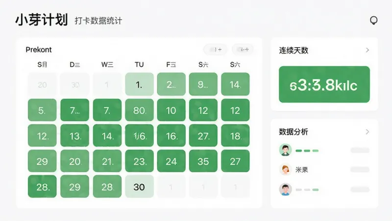 小芽计划 打卡数据统计页面 日历热力图展示 绿色方块代表完成打卡 连续天数数字突出显示 简洁数据面板 白色背景 高清画质 干净整洁
