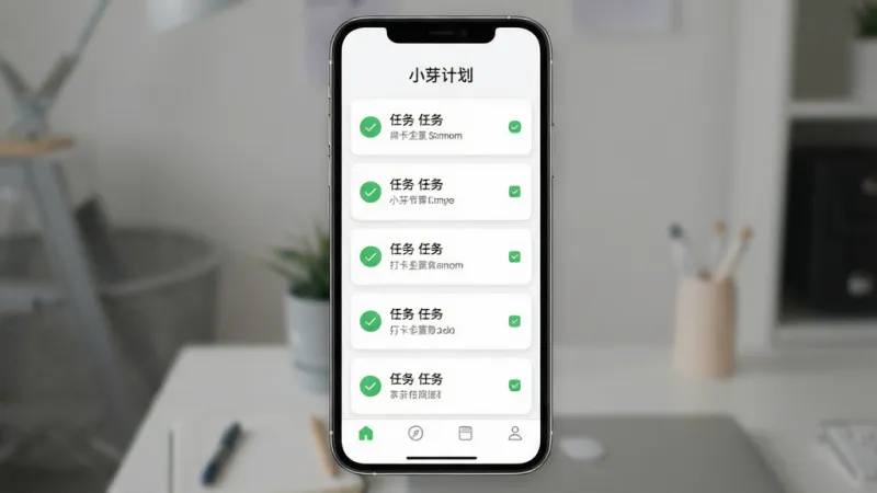 小芽计划 应用主界面 干净无广告的打卡列表 绿色勾选标记 任务卡片整齐排列 底部导航栏简洁 白色背景 扁平风格 高清画质 无多余元素