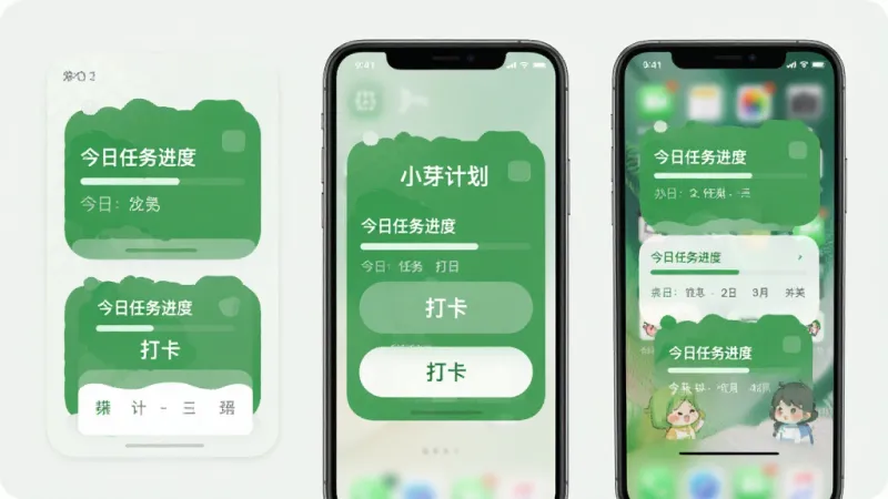 小芽计划 手机桌面小组件展示 多个尺寸的打卡组件排列在桌面上 绿色主题 显示今日任务进度和打卡按钮 现代手机界面 高清画质 干净整洁