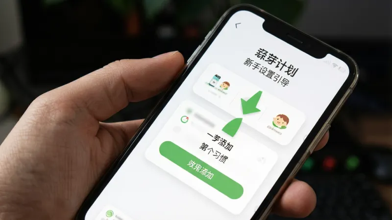 小芽计划 新手设置引导页面 手机屏幕展示添加第一个习惯的步骤 绿色箭头指示 简洁教程风格 白色背景 高清画质 无多余元素