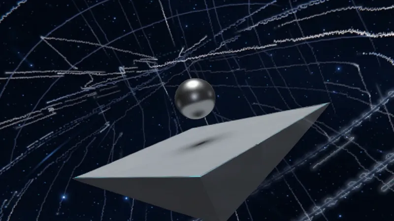 反物理世界游戏主界面展示，画面中央是一个悬浮的金属小球和倾斜的几何平台，背景是深蓝色星空与扭曲的物理轨迹线，界面干净无广告，风格科幻简约，画质清晰，无多余元素