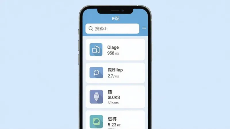 一张手机e站应用内搜索界面的图片，画面中手机屏幕显示着搜索框和搜索结果列表，搜索结果以卡片形式排列，每个卡片上有图标、名称和大小信息，背景是淡蓝色，整体布局清晰，风格扁平化，画质干净，无多余元素