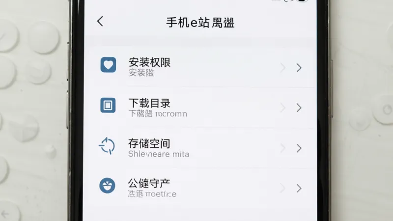 一张手机e站新手设置界面的图片，画面中手机屏幕显示着设置菜单，包含安装权限、下载目录、存储空间等选项，界面以白色为主，图标简洁，风格清晰，画质干净，无多余元素