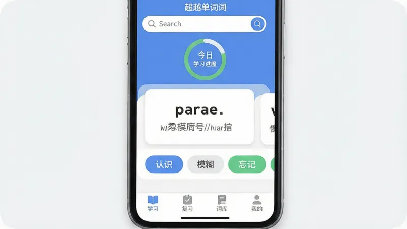 一张展示“超越单词”App核心界面的详细描述图，主体为一部智能手机，屏幕显示“超越单词”应用主页面，顶部有搜索框和今日学习进度环，中间是单词卡片展示区，卡片上写着英文单词和中文释义，下方有认识、模糊、忘记三个操作按钮，底部导航栏有学习、复习、词库、我的四个图标，布局简洁清晰，排版上下结构，风格现代扁平化，细节圆润，画质干净，无多余元素