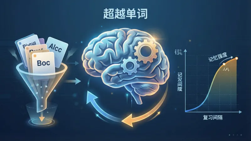 一张展示“超越单词”智能记忆算法工作流程的详细描述图，主体为抽象的大脑与齿轮结合图形，左侧是单词卡片进入漏斗，右侧是记忆曲线图表，中间有循环箭头连接，图表上标注“记忆强度”和“复习间隔”，布局左右结构，排版清晰，风格科技简约，细节有光晕效果，画质干净，无多余元素