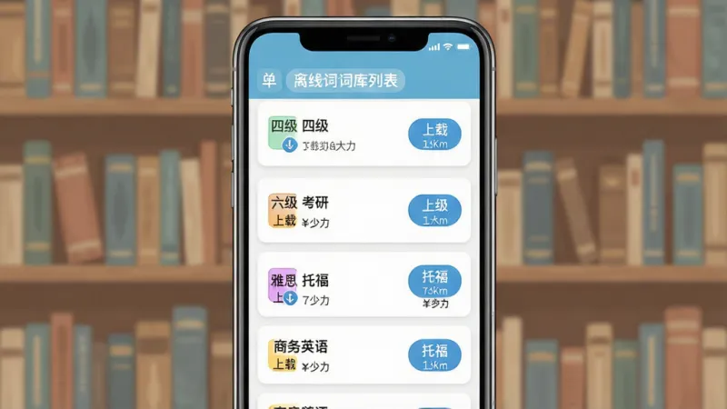 一张展示“超越单词”离线词库列表界面的详细描述图，主体为手机屏幕显示词库分类，包含四级、六级、考研、雅思、托福、商务英语等标签，每个标签旁有下载按钮和大小提示，背景是书架图案，布局为网格排列，排版整齐，风格清新明快，细节图标精致，画质干净，无多余元素