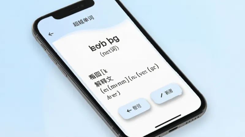 一张展示“超越单词”无广告纯净界面的详细描述图，主体为手机屏幕显示单词学习页，页面只有单词、音标、释义和几个功能按钮，没有广告横幅，背景为柔和的浅蓝色渐变，布局居中，排版留白充足，风格极简宁静，细节按钮有轻微投影，画质干净，无多余元素