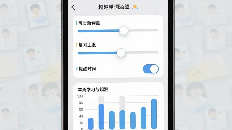 一张展示“超越单词”自定义学习计划设置界面的详细描述图，主体为手机屏幕显示设置面板，包含每日新词量滑块、复习上限滑块、提醒时间开关，下方有本周学习柱状图，布局上下结构，排版清晰，风格现代扁平，细节滑块圆润，画质干净，无多余元素