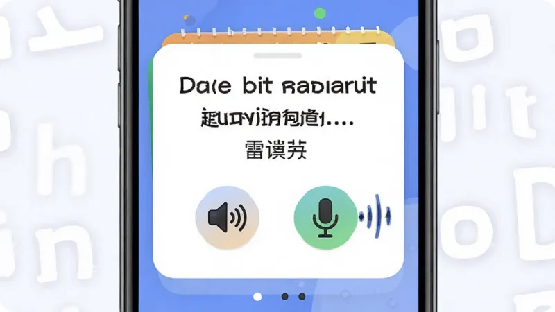 一张展示“超越单词”例句发音跟读功能的详细描述图，主体为手机屏幕显示单词卡片详情，包含英文例句、中文翻译、喇叭图标和麦克风图标，麦克风旁有波形动画，布局居中，排版清晰，风格活泼现代，细节图标生动，画质干净，无多余元素