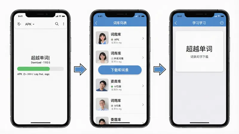 一张展示“超越单词”在手机上安装和词库下载步骤的详细描述图，主体为手机屏幕分三格展示，左格是下载APK进度条，中格是词库列表下载按钮，右格是学习界面单词卡片，布局横向排列，排版清晰，风格教程图解，细节箭头指示，画质干净，无多余元素