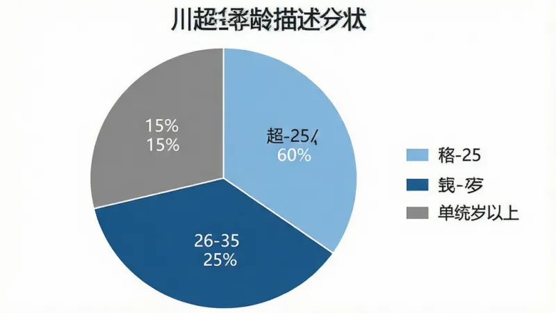 一张展示“超越单词”用户年龄分布饼状图的详细描述图，主体为圆形饼图，分为三块，18-25岁占60%标注为浅蓝色，26-35岁占25%标注为深蓝色，36岁以上占15%标注为灰色，饼图旁有图例说明，布局居中，排版清晰，风格数据可视化，细节百分比标注清楚，画质干净，无多余元素