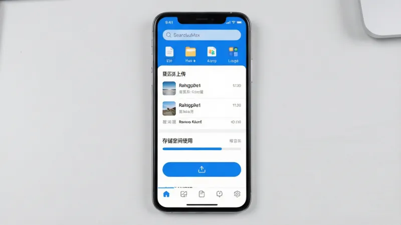 一张展示米其云Max软件整体界面的图片，画面中央是手机屏幕，屏幕内显示米其云Max应用的主页，主页布局简洁，顶部有搜索框和文件分类图标，中间是最近上传的文件列表和存储空间使用进度条，底部有上传按钮和导航栏，整体风格现代扁平化，以蓝色和白色为主色调，文字标签清晰可见米其云Max字样，背景是浅灰色桌面，画质干净清晰，无多余元素。