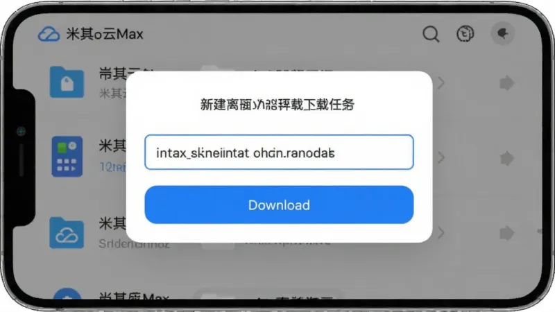 米其云Max离线下载功能界面，手机屏幕显示一个新建离线下载任务的弹窗，弹窗内有链接输入框和下载按钮，背景是米其云Max的文件列表页面，风格简洁，以蓝色按钮为主，画质干净，文字标签清晰，无多余元素。