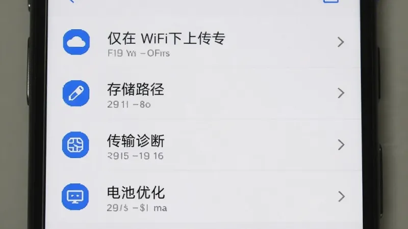 米其云Max设置界面截图，手机屏幕显示设置菜单，菜单项包括仅在WiFi下上传、存储路径、传输诊断、电池优化等选项，界面风格简洁，白色背景，蓝色图标，文字清晰，画质干净，无多余元素。