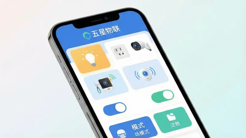 一张展示“五星物联”App核心界面的图片，画面主体是一个现代风格的智能手机，屏幕显示着智能设备管理面板，布局清晰，顶部有“五星物联”的文字标识，中间是各种智能设备的图标卡片，如灯泡、插座、摄像头等，下方有控制开关和场景模式按钮，整体排版简洁，风格为扁平化科技感，细节精致，画质干净，无多余元素，背景为柔和的浅色渐变。