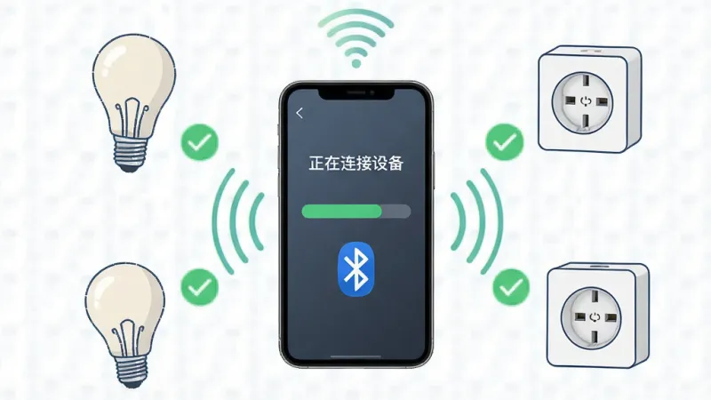 一张展示“五星物联”一键配网功能的图片，画面中心是一个智能手机，屏幕显示着“正在连接设备”的进度条和蓝牙图标，周围环绕着智能灯泡、智能插座等设备，布局采用环绕式，风格为简洁的科技插画风，细节包括连接成功的对勾和信号波纹，画质清晰干净，无多余元素。