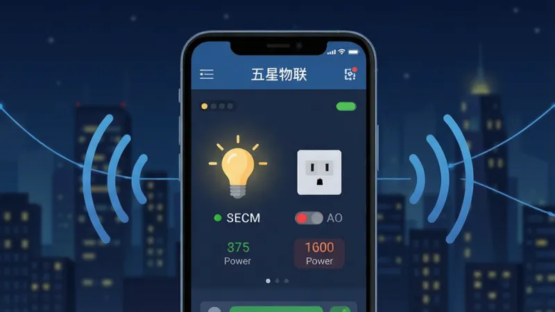 一张展示“五星物联”远程控制功能的图片，画面主体是一个手机屏幕，显示着家庭设备的远程控制界面，包括一个亮着的灯泡图标和一个关闭的插座图标，背景是城市夜景，布局为手机居中，周围有信号传输的线条连接，风格为现代扁平化，细节有状态指示灯和功率数值，画质干净无多余元素。
