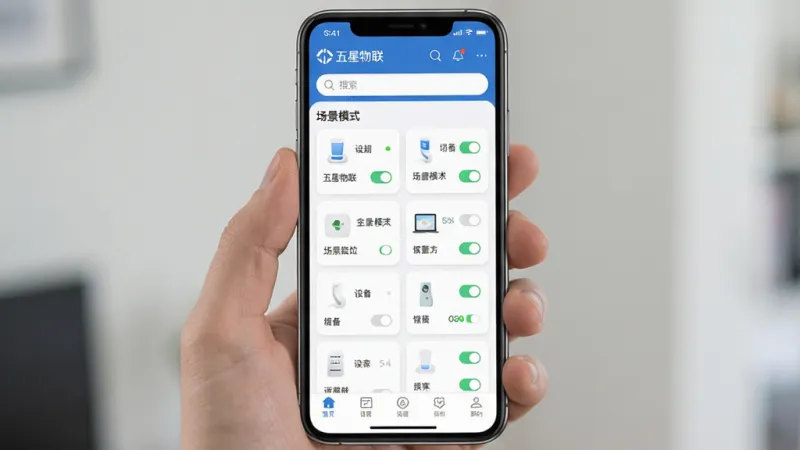 一张展示“五星物联”App在手机上操作界面的图片，画面主体是手机屏幕，显示着设备列表和场景模式设置页面，布局为上下结构，顶部有搜索栏，中间是设备卡片，底部有导航栏，风格为现代简约，细节有开关按钮和状态指示，画质干净，无多余元素。