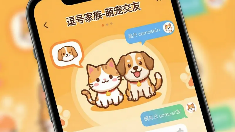一张展示手机屏幕的图片,屏幕上显示着“逗号家族-萌宠交友”的应用主界面,界面中央是可爱的卡通猫狗形象,周围环绕着宠物头像气泡和聊天对话框,背景是温暖的橙黄色调,布局简洁清晰,风格温馨活泼,画质干净明亮,无多余元素