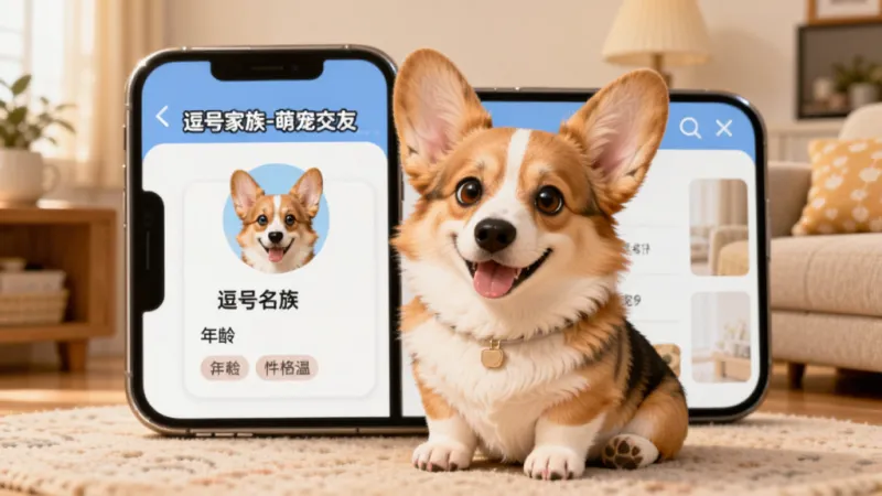 一只可爱的柯基犬坐在手机屏幕前,屏幕上显示着“逗号家族-萌宠交友”的宠物档案页面,页面中有柯基的头像、名字、年龄和性格标签,背景是温馨的家居环境,风格卡通写实,画质清晰干净,无多余元素